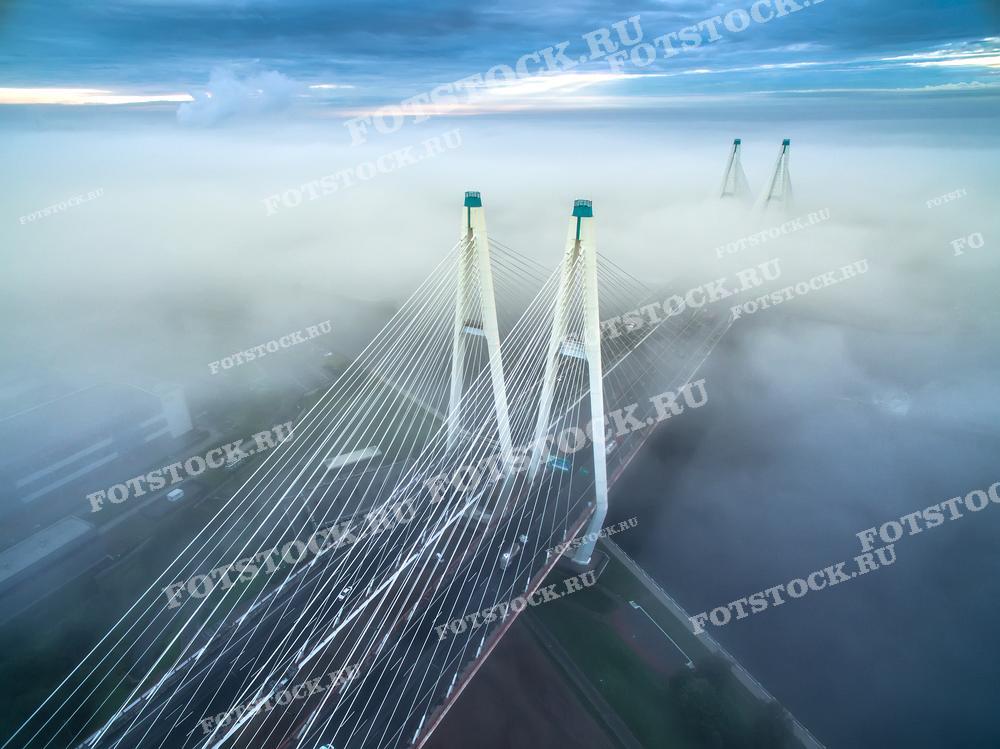 Фотография демонстрирует завораживающий вид на один из мостов Санкт-Петербурга, погружённый в густой утренний туман. Вершины опор моста возвышаются над туманом, создавая впечатление, будто мост ведёт в небо. Этот снимок может использоваться в публикациях о современной архитектуре и градостроительстве, а также добавить уникальный элемент в коллекции фотографий с необычными природными явлениями.